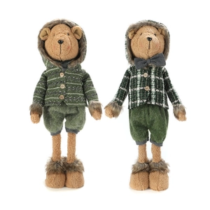 Standing Christmas teddy bears in green plaid outfits with long legs for decor