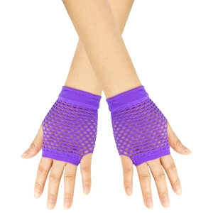 Close-up of purple fishnet fingerless gloves with elastic nylon mesh and open fingers