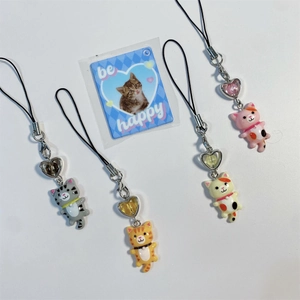 Y2K cute cartoon cat keychains in various colors with heart clips and black lanyards
