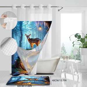 Detail of waffle weave shower curtain and bath mat set with moose print and metal grommets