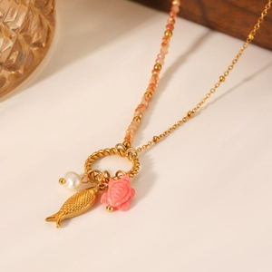 Ocean Theme Stainless Steel Necklace Artificial Pearl Goldfish Turtle Shell Pendants Summer Dainty Jewelry For Women Girls