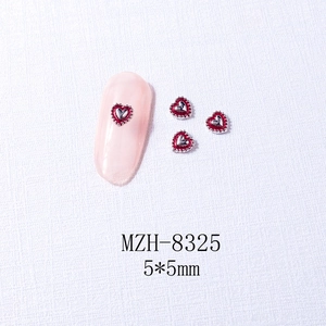Detail of red heart nail art charms with silver metal frame and size 5x5mm specifications