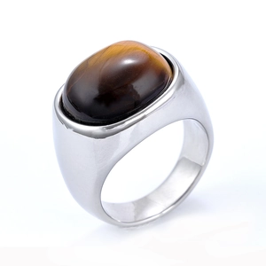 Men's stainless steel ring featuring a large oval tiger eye stone in vintage style