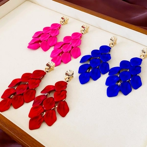 Chic acrylic petal fringe earrings in rose pink, royal blue, and deep red finishes