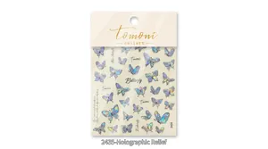 Holographic butterfly nail art stickers with 3D embossed texture on white background
