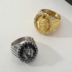 Vintage Egyptian Anubis Pharaoh Ring 316L Stainless Steel Rhinestone Inlaid Punk Jewelry Accessories For Men