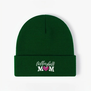 Dark green knitted beanie with white Volleyball MOM embroidery and pink heart volleyball