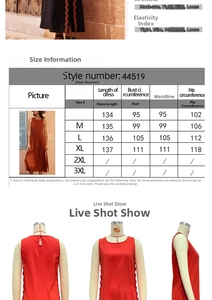 Size chart for sleeveless crewneck midi dress showing length, bust, waist, and hip details