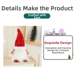 Detail of a Christmas gnome with a red sequined hat and striped arms for holiday decor