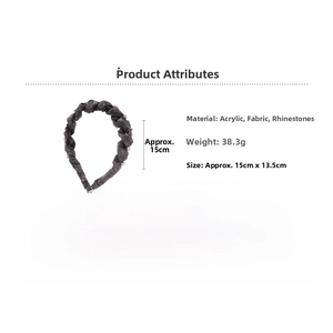 Detail view of charcoal grey fabric headband with rhinestones and technical dimensions