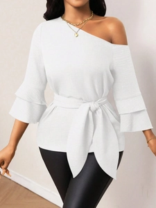 White off-shoulder blouse with tiered ruffle sleeves and belted waist in denim effect