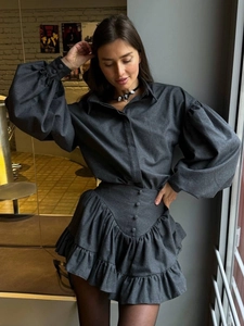 Women Plaid Long Puff Sleeve Button Shirt And Ruffled Mini Skirt Cotton Blend Retro French Style Fashion Outfit