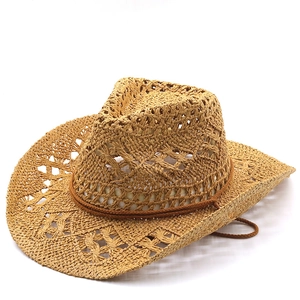 Cappello di Paglia da Cowboy Occidentale Intrecciato a Mano Uomo Donna Protezione Solare Traspirante Fedora da Spiaggia con Corda