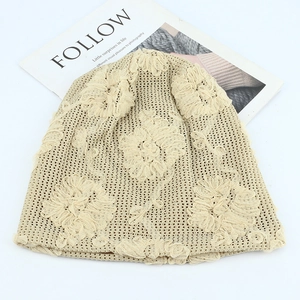 Beige floral lace crochet beanie with breathable knit pattern for women