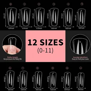 Size chart showing 12 sizes of transparent full cover coffin false nail tips 600pcs