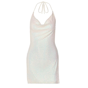 Sexy backless halter neck white sequin mini dress for women street style fashion