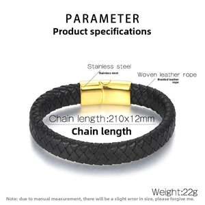 Detail showing braided black leather texture and gold stainless steel magnetic clasp