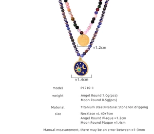 Detail view of handmade beaded necklaces with angel pendant and blue enamel star charms