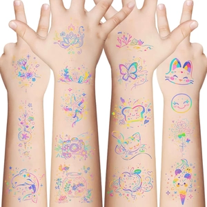 Glow in the dark cartoon temporary tattoos for kids featuring colorful sea animals and food