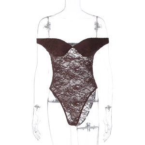 Close-up of sheer dark brown lace bodysuit with floral texture and high cut leg detail