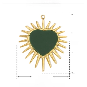 Detailed view of water drop eye pendant in gold and green with size measurements