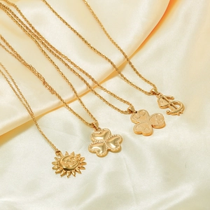 Stainless Steel Pendant Necklace For Women Men 18K Gold Plated Dollar Sign Sun Moon Face Lucky Clover Streetwear Jewelry