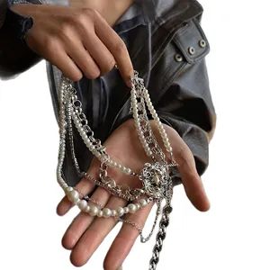 Multilayer silver necklace with zircon pearls and lion head pendant portrait design