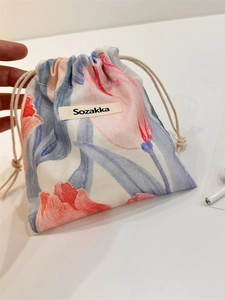 Linen drawstring organizer bag with watercolor tulip pattern for small items