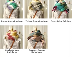 Detail shot of multi-color rainbow checkered knit scarves with long tassel fringe edges