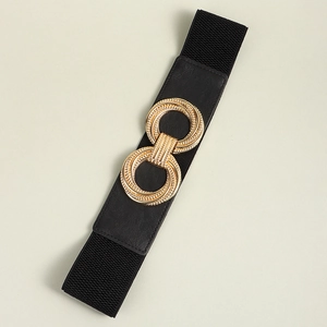 Women's black elastic waist belt featuring a gold interlocking double circle metal buckle