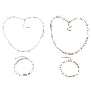Waterproof stainless steel paperclip chain necklace and bracelet set in gold and silver
