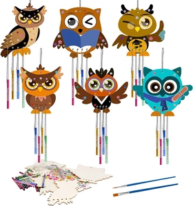 DIY Easter owl wind chime kit including wooden shapes, metal tubes, paint, and brushes