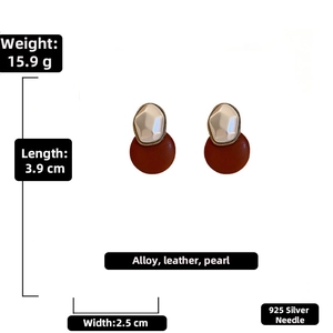 Detailed view showing vintage brown leather and ivory pearl geometric earring dimensions