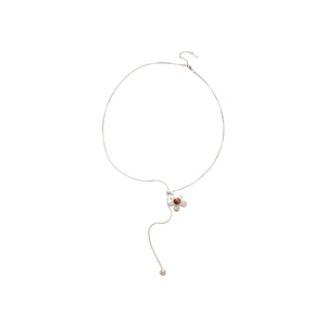 Silver stainless steel Y-necklace featuring a flower pendant with brown tiger eye bead