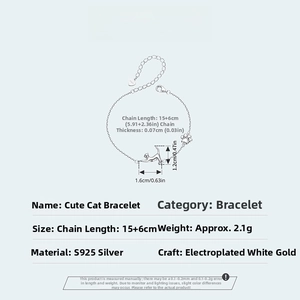 Detailed size specifications for the S925 sterling silver cute cat and paw charm bracelet