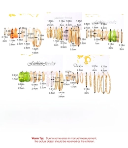 Detailed size measurement chart for gold and green pearl earring sets in various styles