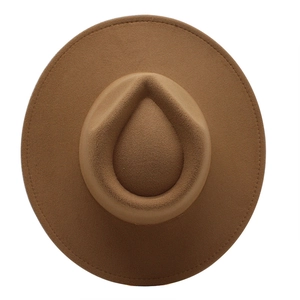 Top down view of khaki wool fedora hat with teardrop crown and classic wide flat brim
