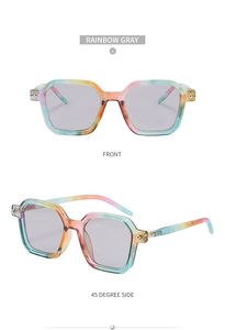 Front and side view of rainbow square sunglasses with gray lenses in minimalist style