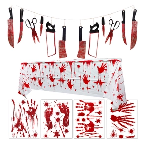Halloween bloody weapon banner with bloody handprint tablecloth and window stickers set