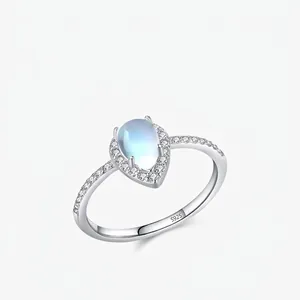 Elegant Pear Cut Moonstone Ring 925 Sterling Silver Halo Cubic Zirconia Vintage Style Jewelry For Women Statement Band