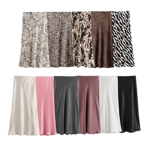 Satin Midi Skirt High Waist Elegant A-Line Bias Cut Satin Texture Solid Color Leopard Print Sexy Style For Women