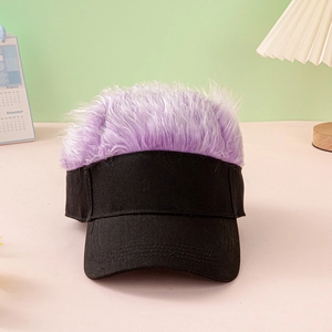 Detail of creative black baseball cap featuring thick purple synthetic wig hair on top