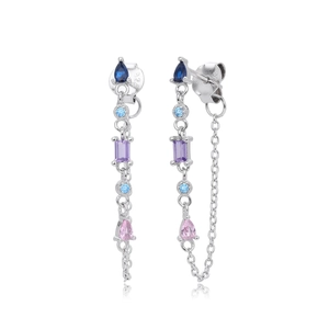 S925 sterling silver tassel drop earrings with vibrant colorful zircon gemstones
