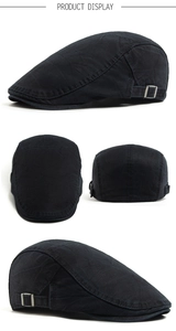 Detailed views of vintage washed flat cap with adjustable silver buckle from three angles