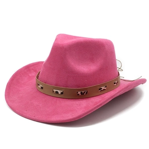 Hot pink suede western cowboy hat with leopard print leather band on white background
