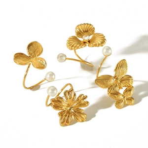 Gold butterfly flower pearl rings in 18k plated titanium steel with adjustable open design