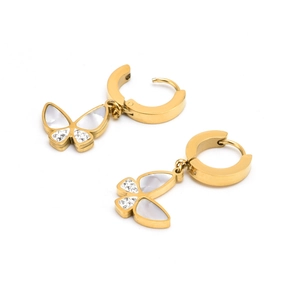 Golden butterfly drop earrings with white shell inlay and sparkling micro-pave crystals