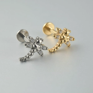 Détails de piercings labret libellule en argent et or avec zircons étincelants
