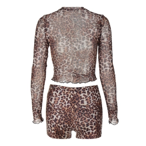Detail view of leopard print mesh two-piece set featuring long sleeve top and high waist shorts