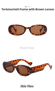 Detail view of oval tortoise shell sunglasses with wave-pattern wide temples and brown lenses